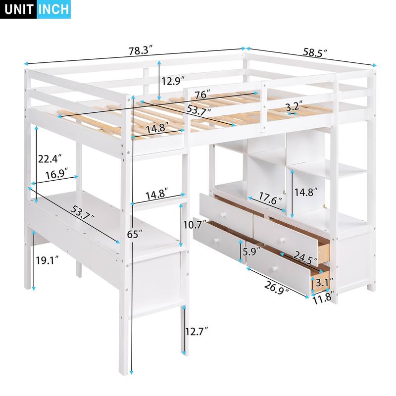 Twin/Full Loft Bed with Desk, Multiple Storage Shelves, Drawers, and Sturdy Pine Wood Frame