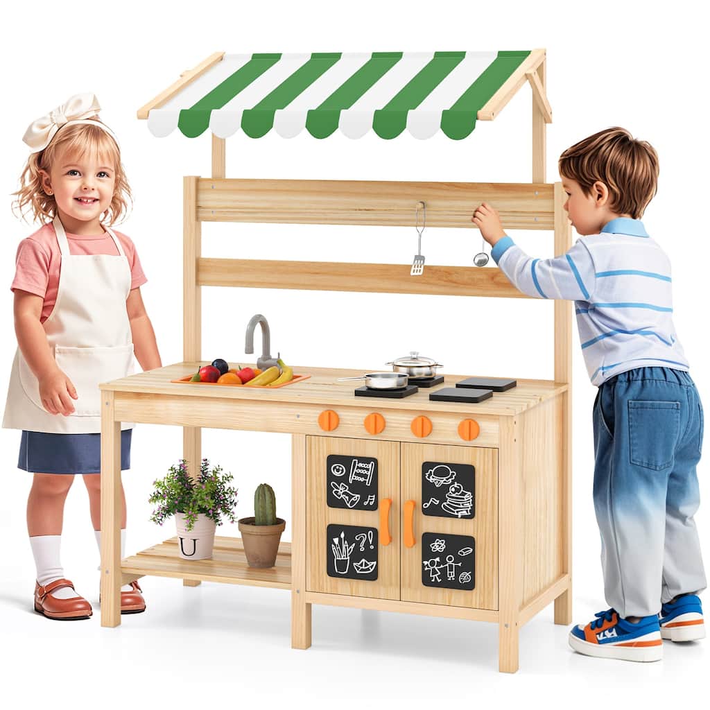 Gymax Kids Mud Kitchen Outdoor Wooden Pretend Play Kitchen w/ 4