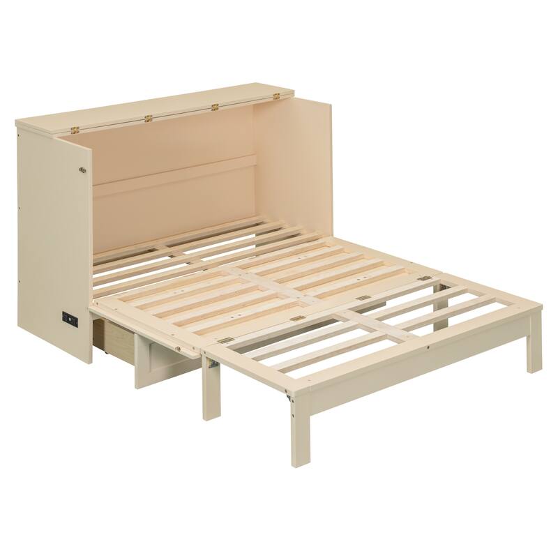 Full Size Murphy Bed Cabinet with Charging Station & A Large Drawer, Foldable Pull Out Wall Bed for Apartments, Bedrooms, Studio