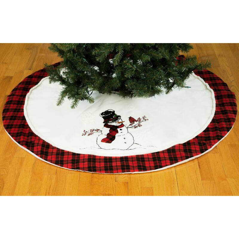 Snowman w/ Caroler Hat & Softy Tufted Snow Embroidered Christmas Treeskirt, 56-Inch