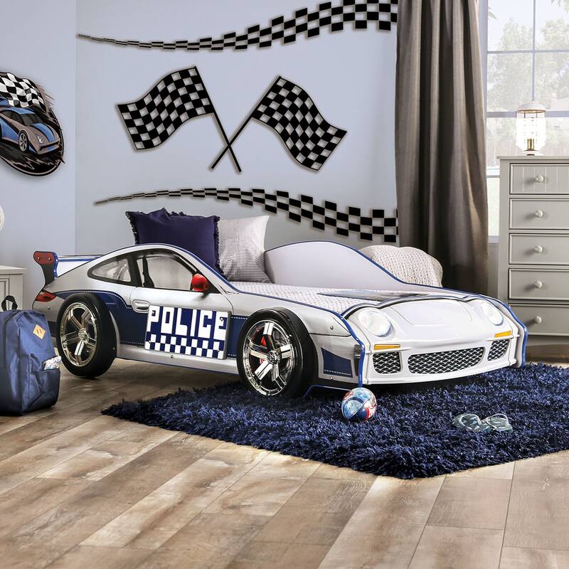 Rixi Modern White Chrome Wheel Car Kids Bed by Furniture of America
