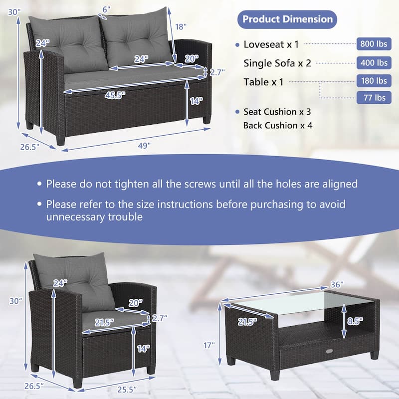 Costway 4 PCS Patio Rattan Furniture Set Glass Table Shelf Sofa - See Details