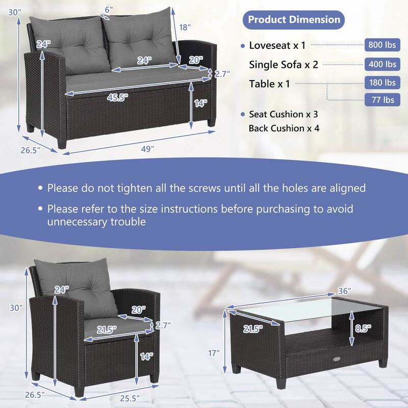 Costway 8 PCS Patio Rattan Furniture Set Glass Table Shelf Sofa - See Details
