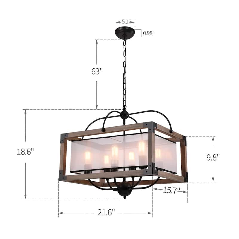 6 - Light Lantern Round Texture Drum Shade Wood Metal Frame Island Pendant Lamp Rustic
