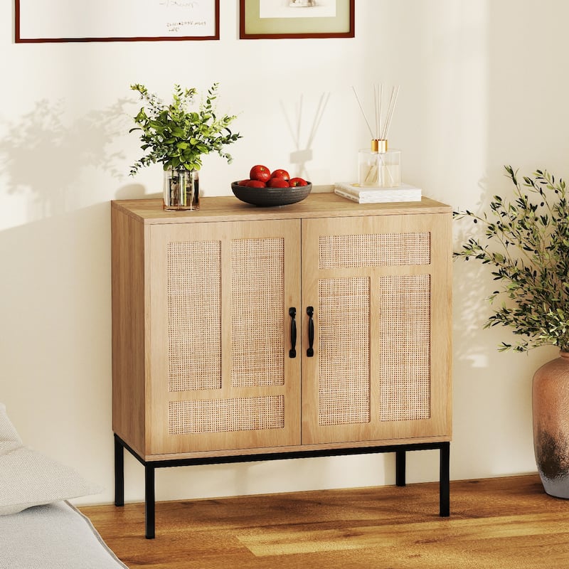 Natural Rattan Storage Cabinet with Adjustable Shelf Modern Boho Sideboard Accent Console Table with Metal Legs - Multi