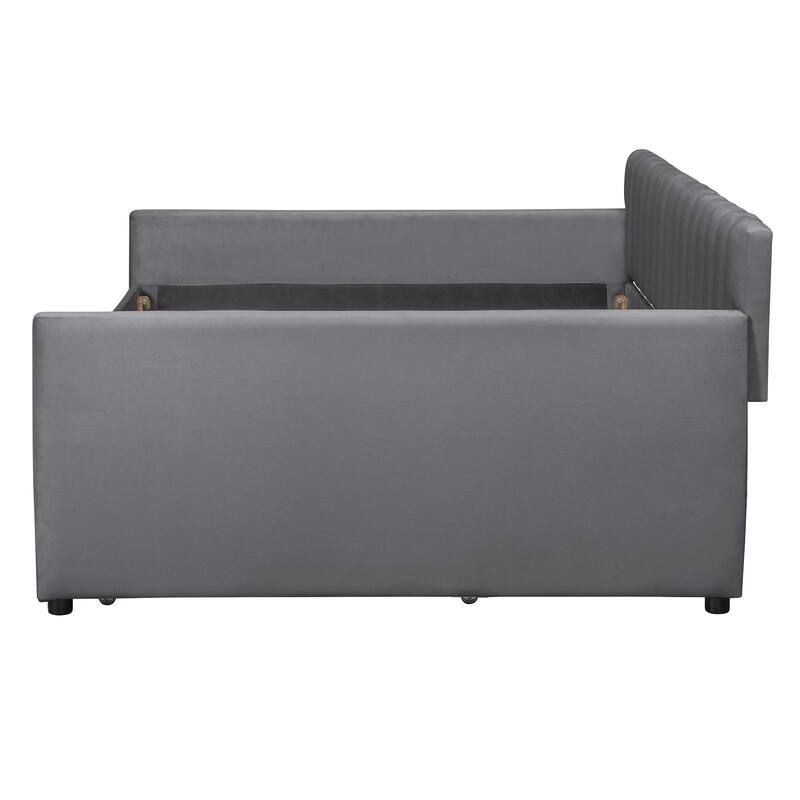 Full Size Upholstered daybed with Trundle and Wood Slat Support, Gray