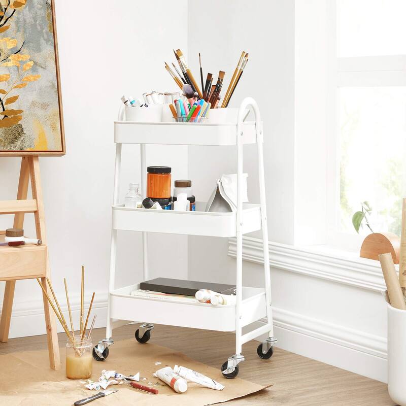 3-Tier Metal Rolling Utility Cart Multifunctional Organizer with Handle and Lockable Wheels - 17.4"D x 12.04"W x 31.02"H