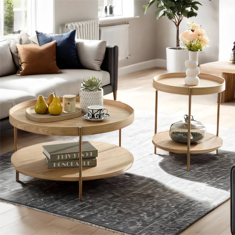 2-Piece 2 tier Round Coffee Table Set,Easy Assembly Nesting End Tables