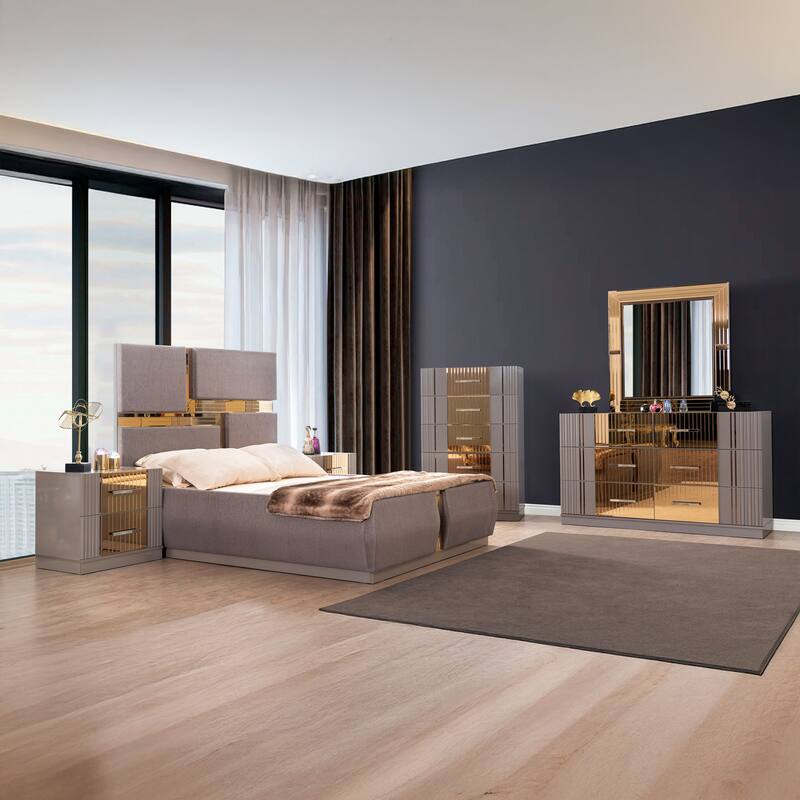 Lorenzo Modern Style Mirror Accent 4PC/5PC Bedroom set Made with Wood - King - 5 Piece