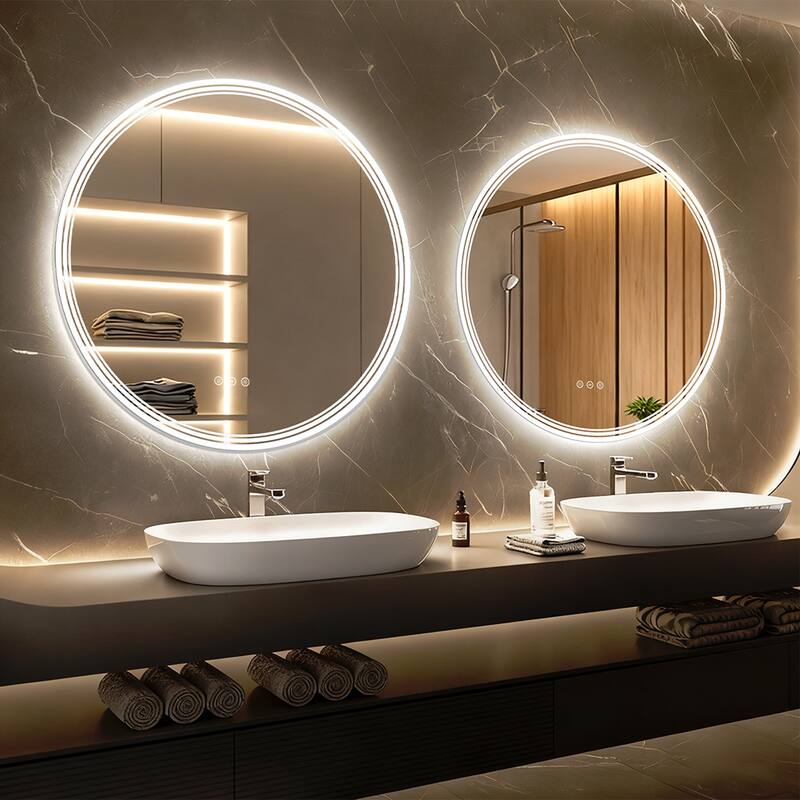 UL Certified Round Frameless Wall Mounted Anti Fog LED Bathroom Vanity Mirror, 3-Color Dimmable, HD Tempered Glass
