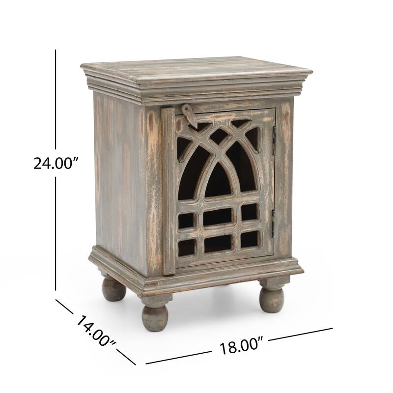 Antique Grey Wood Nightstand with Carved Pattern, Farmhouse Style