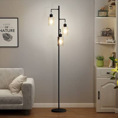 67" 3-Light Tree-Shaped Floor Lamp - Glass Lampshades & Foot Switch for Living Room & Bedroom