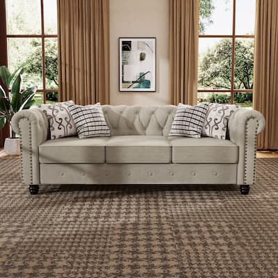 Morden Fort Linen Chesterfield Sofa with Button Tufted, Nailhead and Solid Wood Legs for Living Room