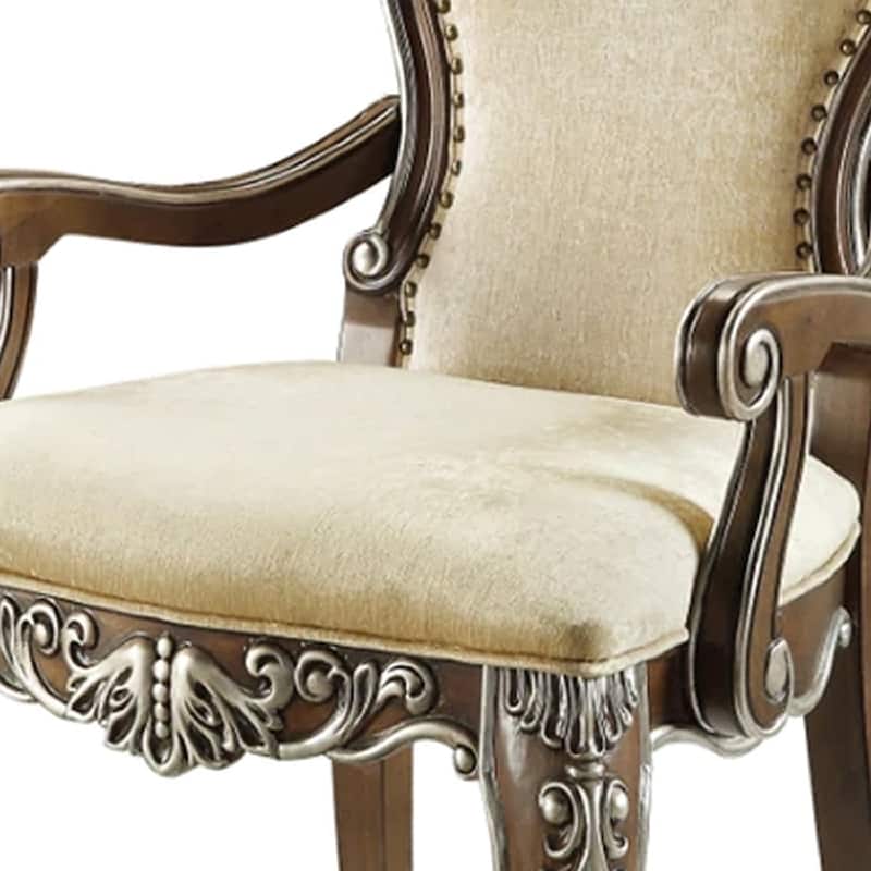 24 Inch Classic Upholstered Armchair, Scrolled Details, Nailhead, Brown