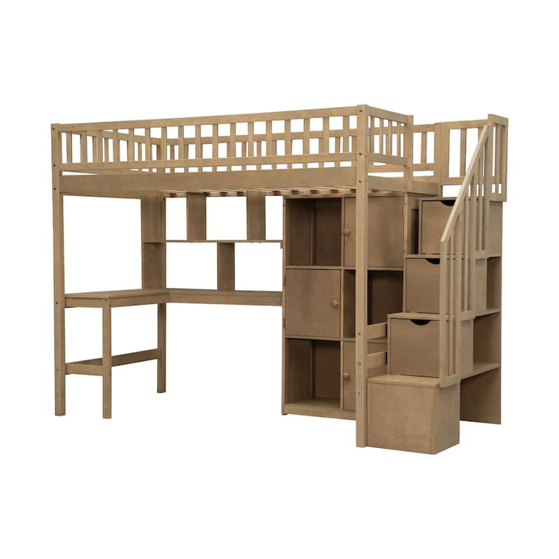 Twin Loft Bed in Walnut with Integrated L-Shaped Desk, LED Lighting, Multi-Tier Storage Shelves, Cabinets, and Staircase