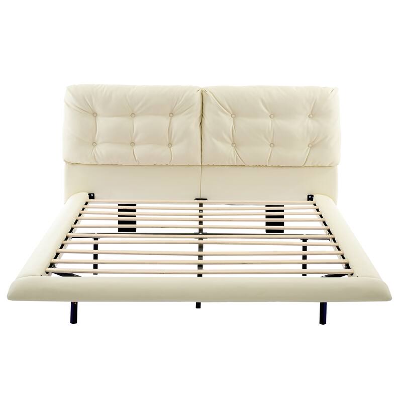 Christopher Knight Home- Lorcan PU Leather Floating Bed Frame with LED Lights and Button-Tufted Headboard