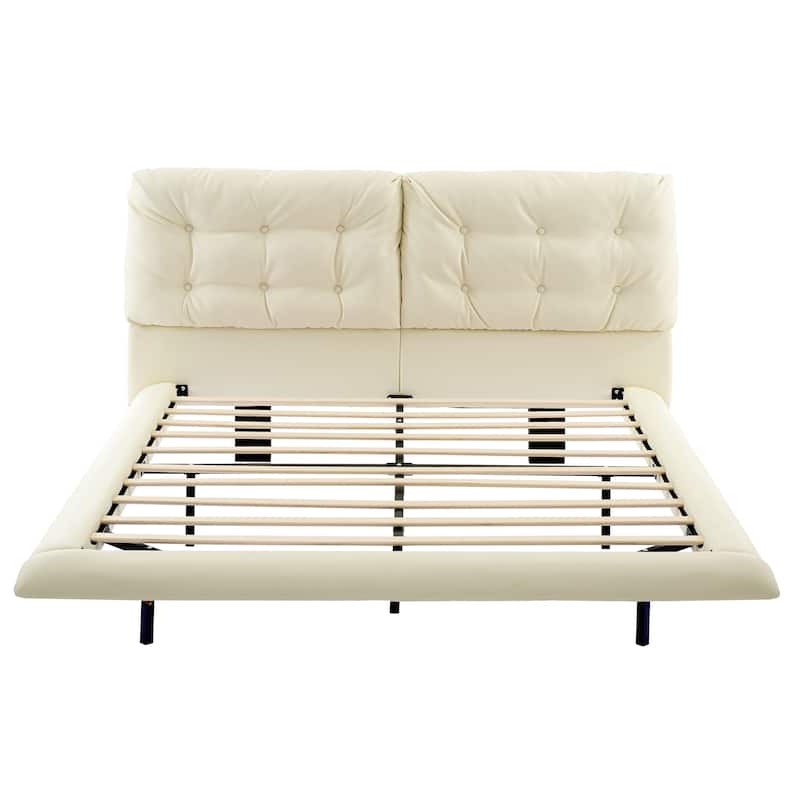 Queen Size Upholstered Floating Bed Frame with LED Lights, Platform Bed with Button-Tufted Headboard, No Box Spring Needed