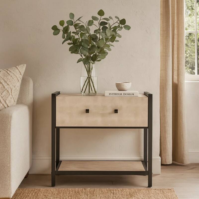 Caz Side Table, 1 Drawer, Black Frame, Faux Shagreen Leather, 26 Inch