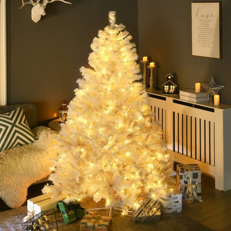 Prelit 7.5FT Artificial Christmas Tree, White Snowy Branches with LED Lights