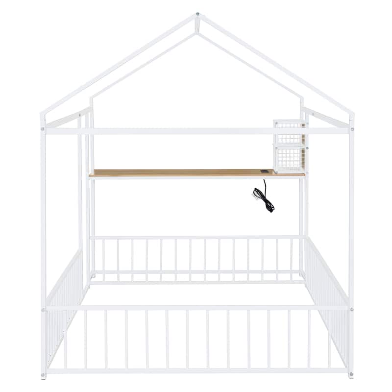 Full Size Metal House Platform Bed Frame with Built-In Desk, USB Charging And Storage Shelves