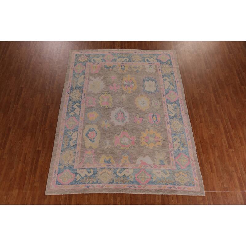 Hand Knotted Oriental 100% Wool Carpet Transitional All-Over Brown Oushak Area Rug - 11' 3'' X 8' 8''