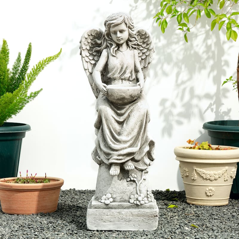 Glitzhome 31.25"H Vintage MgO Angel Distressed Garden Statue Sculpture with a Birdfeeder