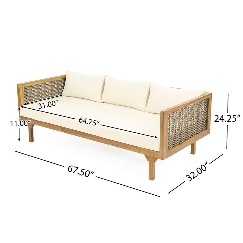 Roomfitters 3 Seater Wooden Patio Sofa, Wicker Panel Design, Modern Daybed with Weather-Resistant Cushions