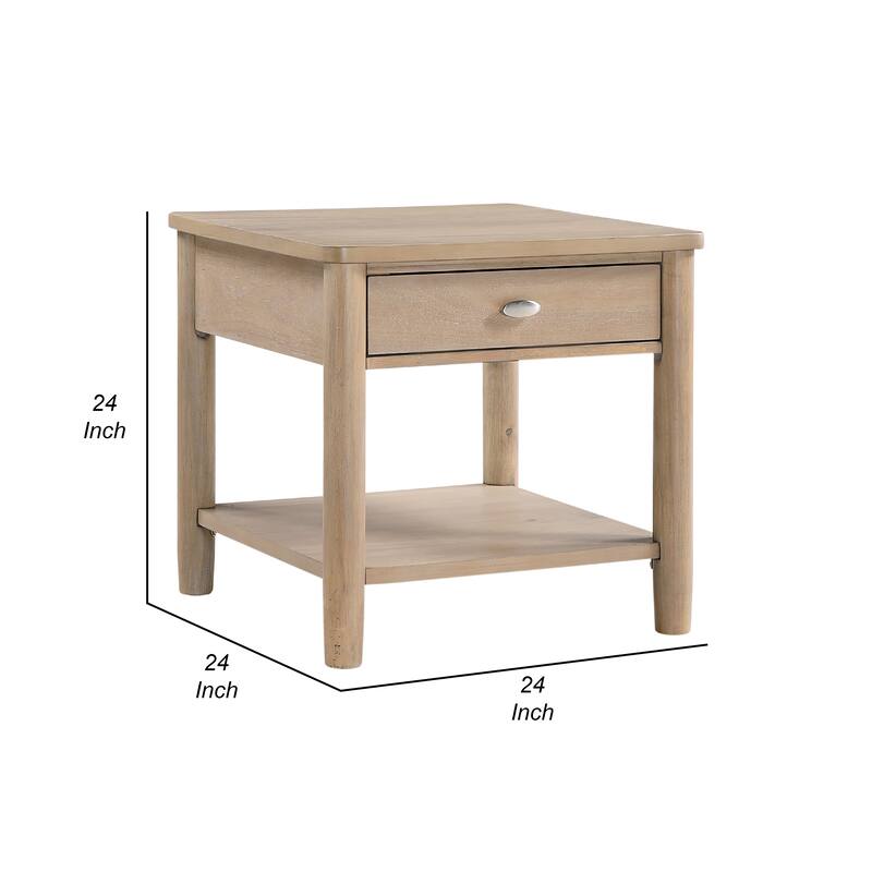 Neka Side End Table, Drawer Shelf, Brown Wood and Veneer, 24 Inch