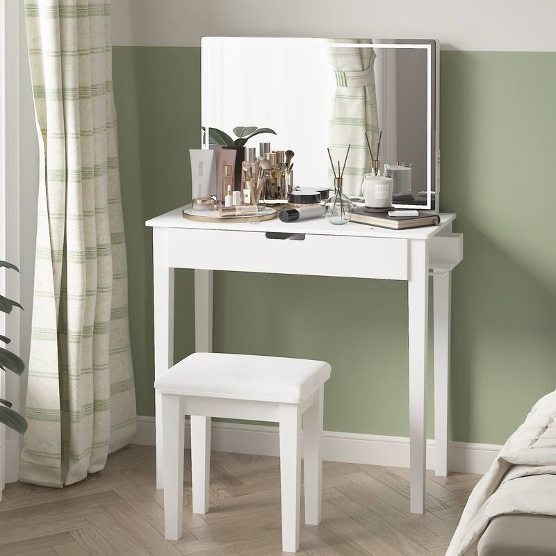 Classic White Makeup and Vanity Set with Stool, Drawers Makeup Mirror