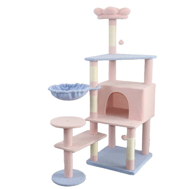 Flower Cat Tree With Large Condo Removable Flower Cushion And Hammock - Pink
