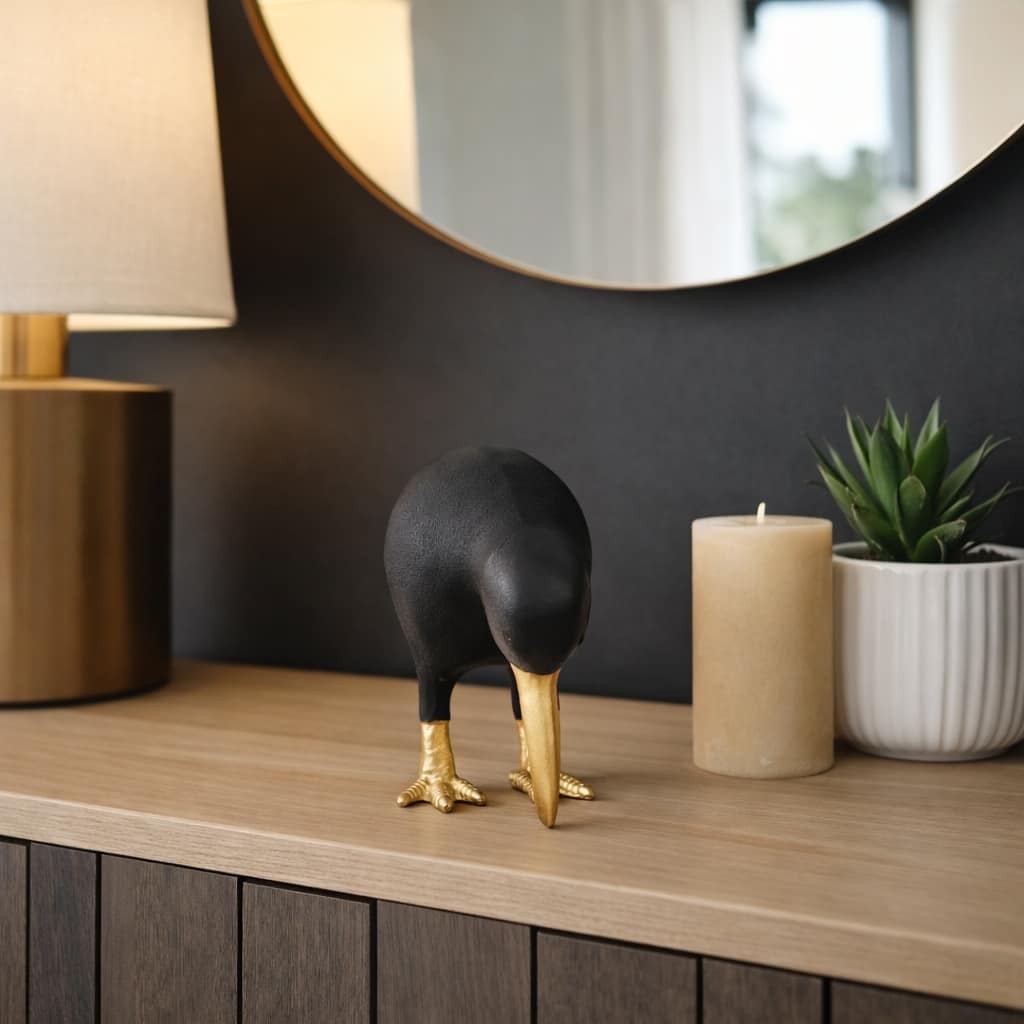 Decorative Metal Kiwi Bird Figurine Sculpture - Black & Gold
