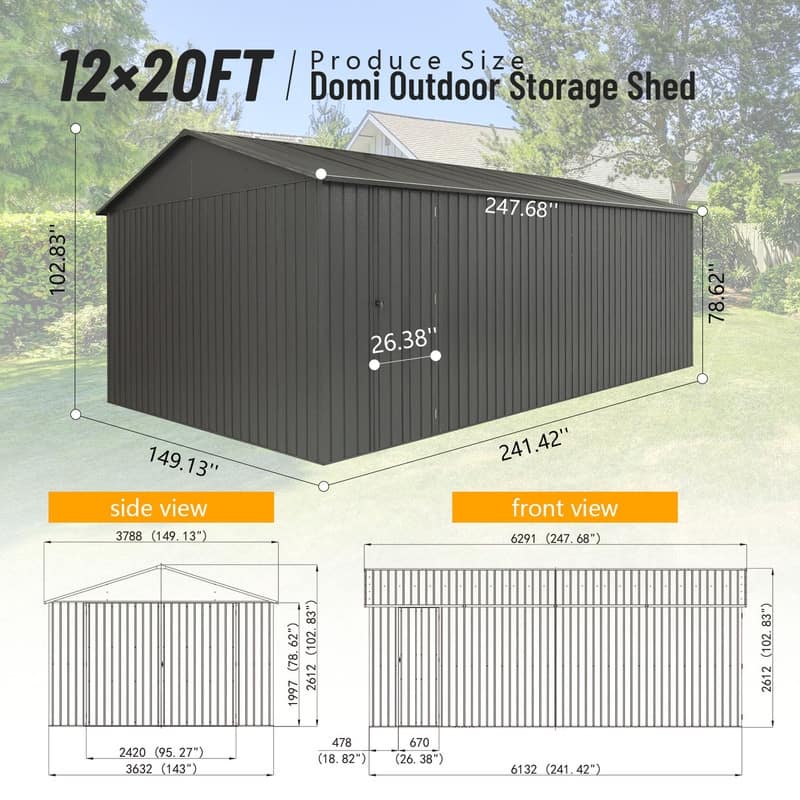 Domi 12x15FT Outdoor Metal Garage Shed,Extra Large Metal Carport with Lockable Double Doors,Heavy Duty Car Shelter,Dark Grey