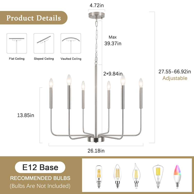 6-Light W26.18" x H66.92" Candle Chandelier for Living Room Kitchen Island