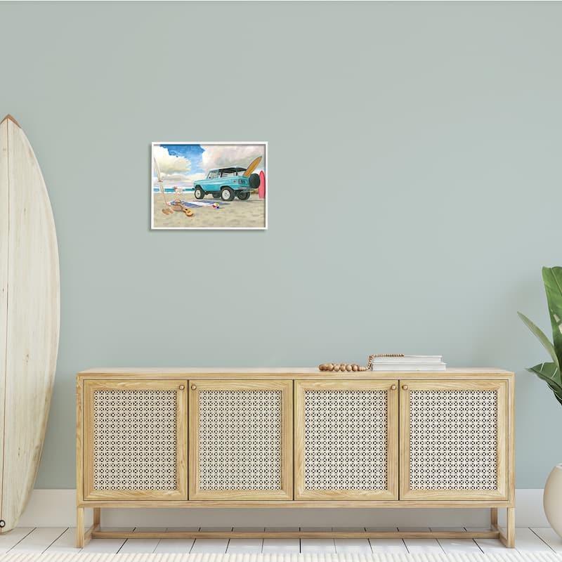 Stupell Summer Sandy Beach Cruiser Surfboard Coastal Dog Framed Wall Art - Blue