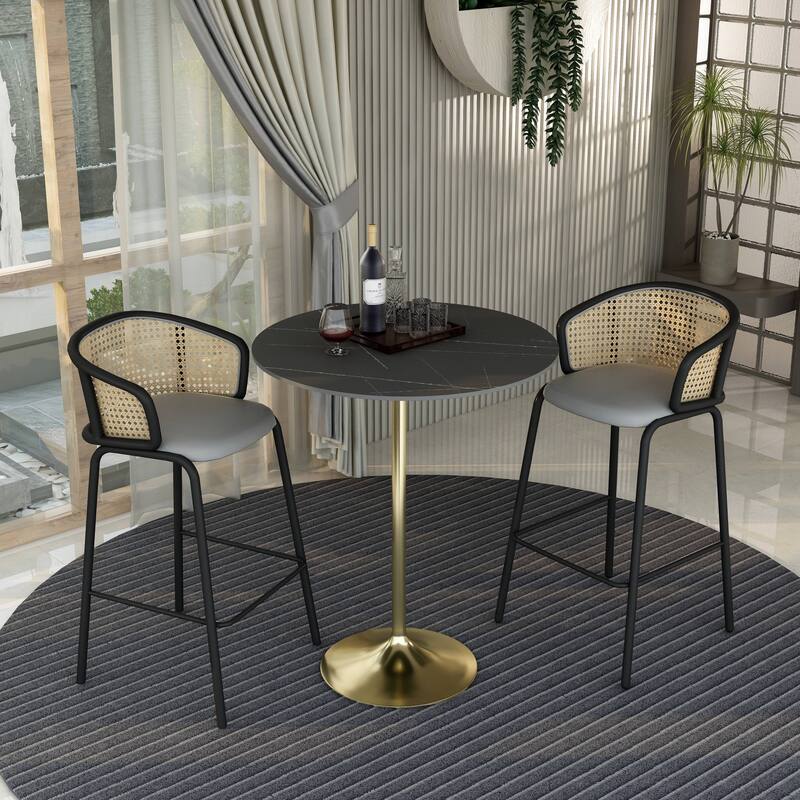 LeisureMod Verve 36" Bar Dining Table with Sintered Stone Round Top in Gold Steel, Gold Marbleized
