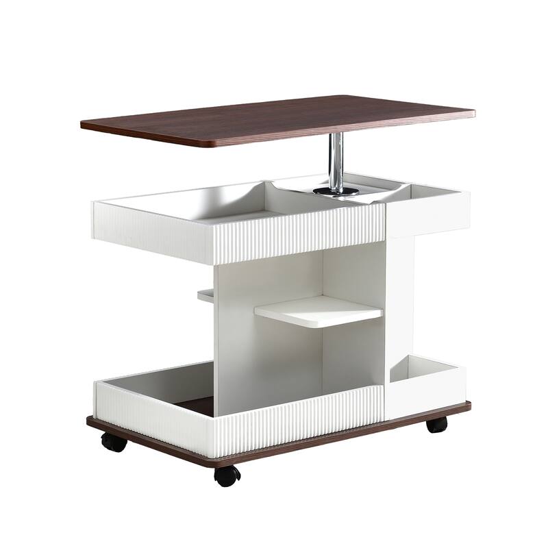 Adjustable End Table with Wheels, Multifunctional Sofa Side Table with Lift-Top, 360°Rotating Top and Storage Space