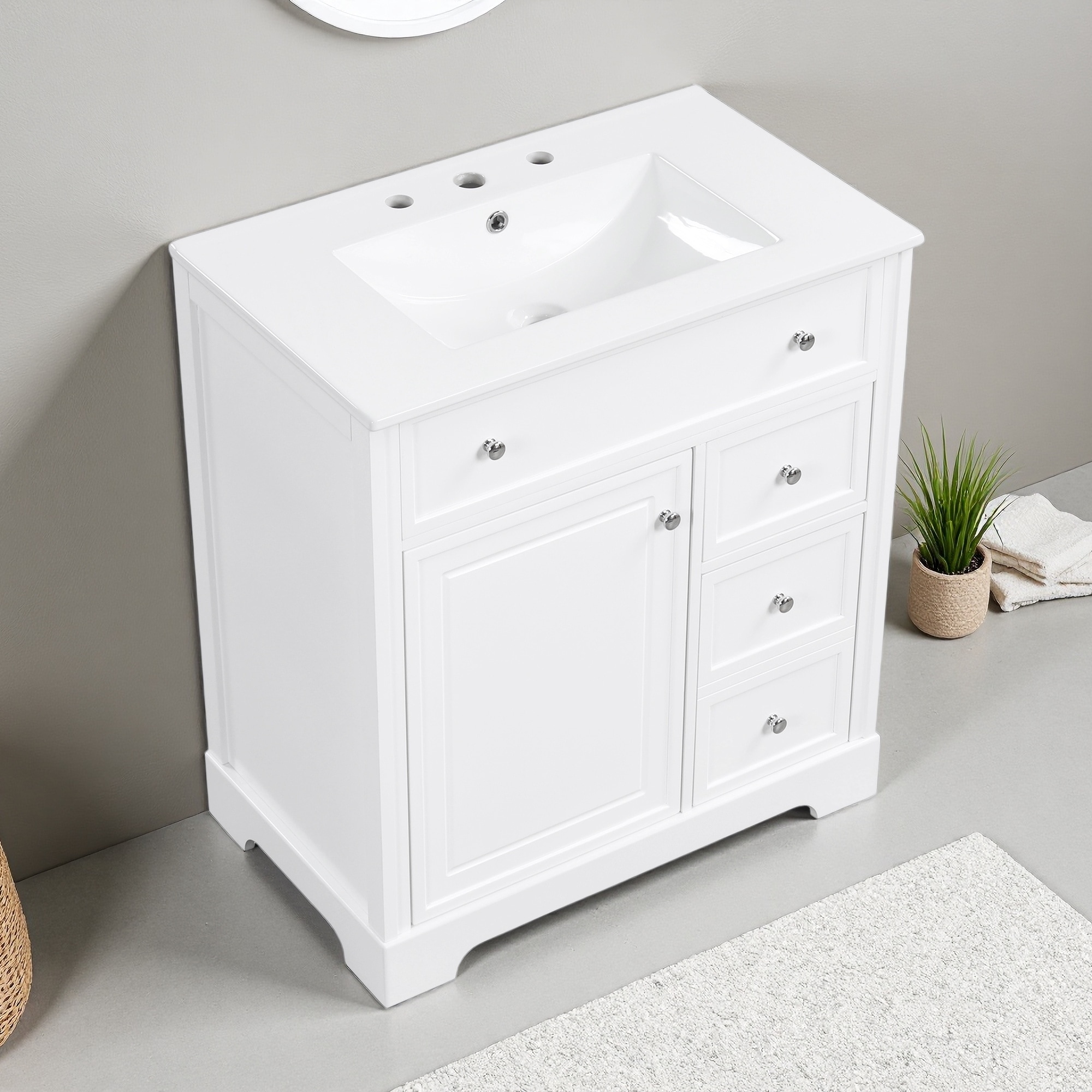 30" Solid Wood Water-Resistant Freestanding Modern Bathroom Vanity with Ceramic Sink, 1 Door, and 2 Drawers