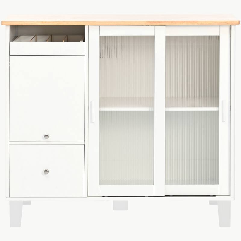 LED Light Kitchen Cart on Wheels with 2 Fluted Glass Doors