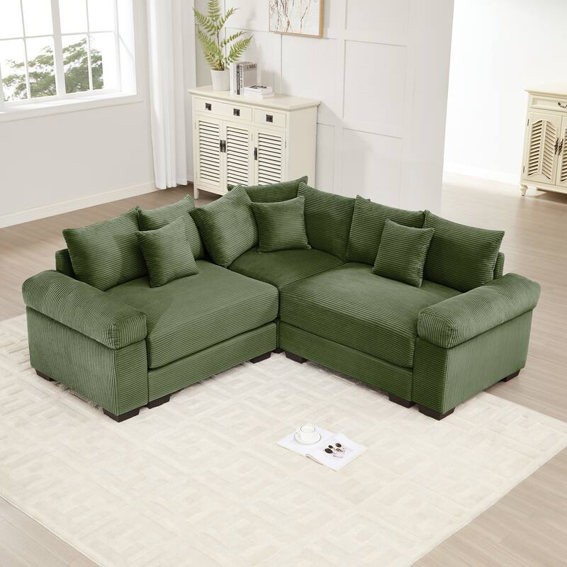 3-Seat Convertible Cloud Corduroy Modular Sofa with 10 Throw Pillows - Green