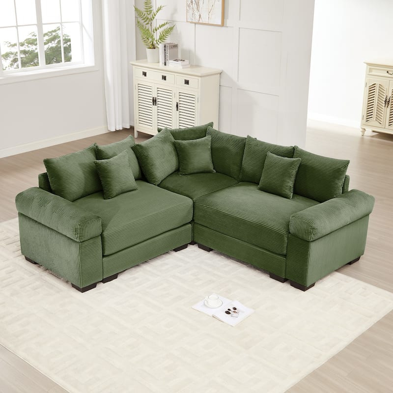 GDFStudio - Corduroy L-Shaped 3-Seater 79.1" Cloud Modular Sectional Couch - Green