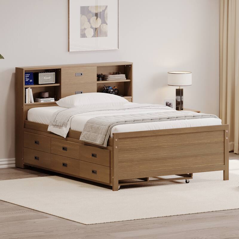 Full/Twin Size Captain Bed with Storage Bookcase Headboard,Captain bed with Trundle and Three Storage Drawer