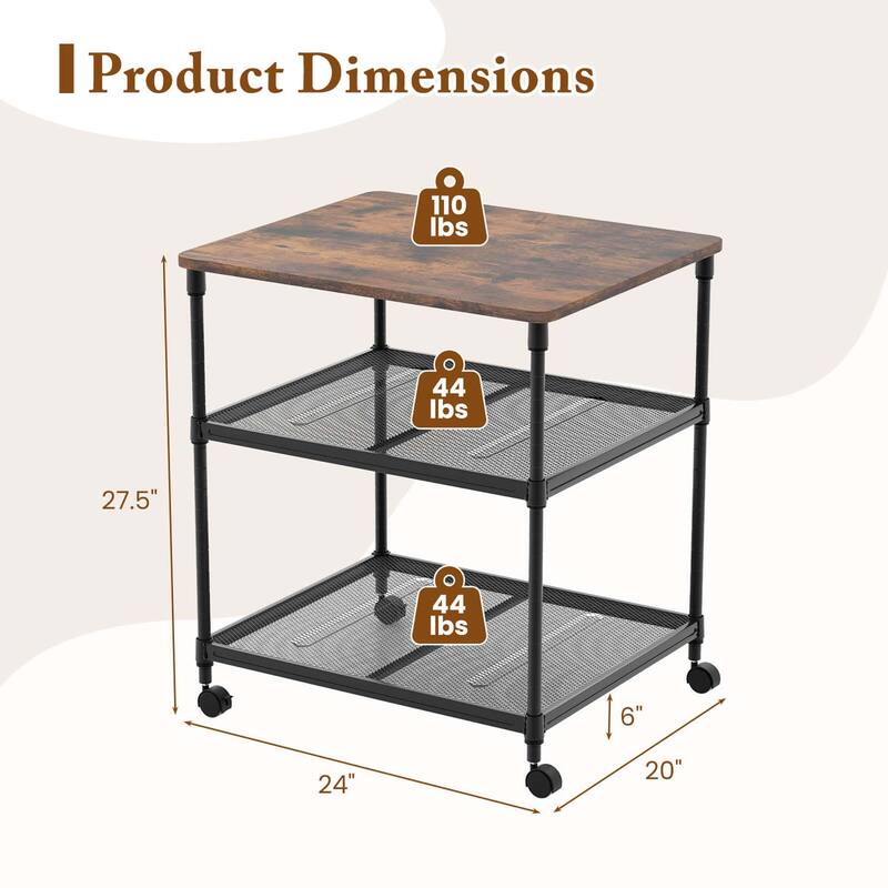 Costway 3-Tier Printer Stand Rolling Fax Cart with Adjustable Shelf & - See Details