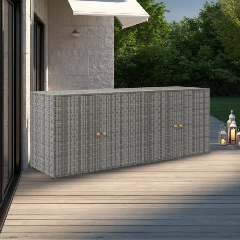 Outdoor Storage Cabinet, 78 Inch Gray Poly Rattan and Brown Solid Wood