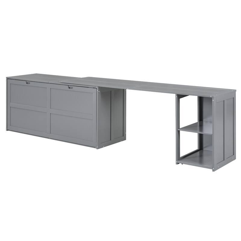 Grey Queen Murphy Bed with Rotating Desk and Shelves - Pine Wood and MDF Space-Saving Design