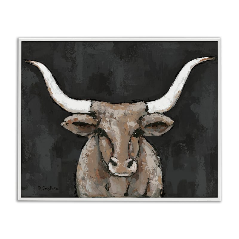 Stupell Longhorn on Murky Grey Framed Giclee Art Design By Sara Baker - 20 x 16 - White
