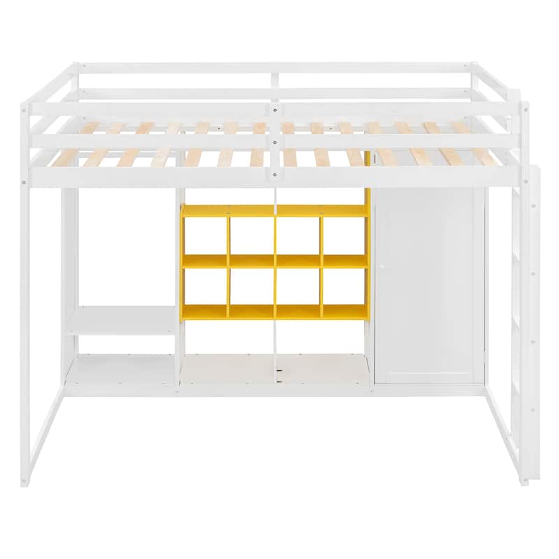 Full Size Wood Loft Bed with Wardrobe, shelves and Cabinet, Gray+Pink