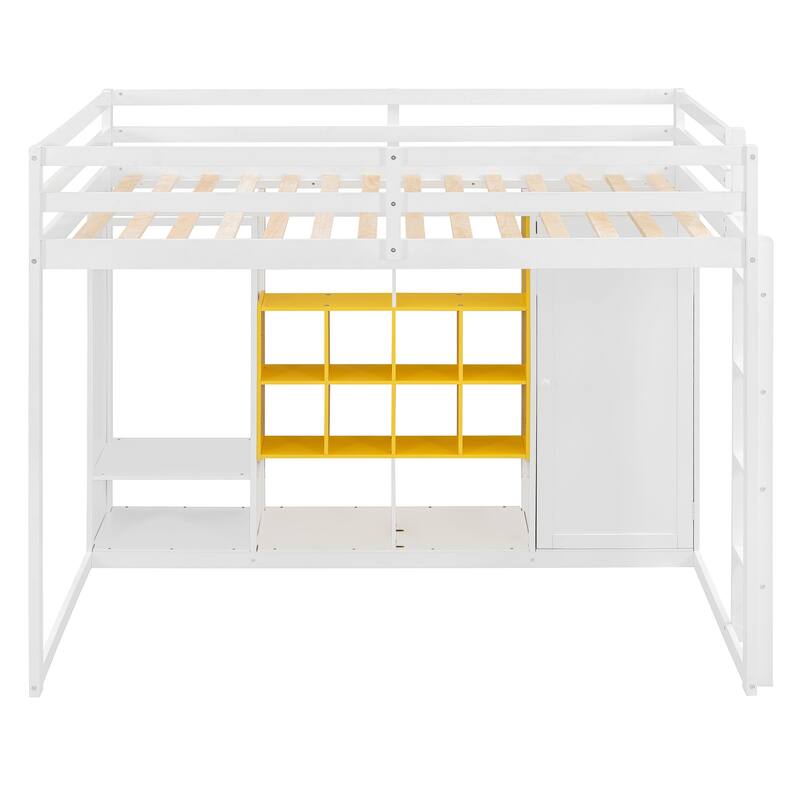 Twin/Full Size Versatile Loft Bed with Wardrobe, Storage Bed Frame with Multi-Shelves and Clothes Hanging Rod