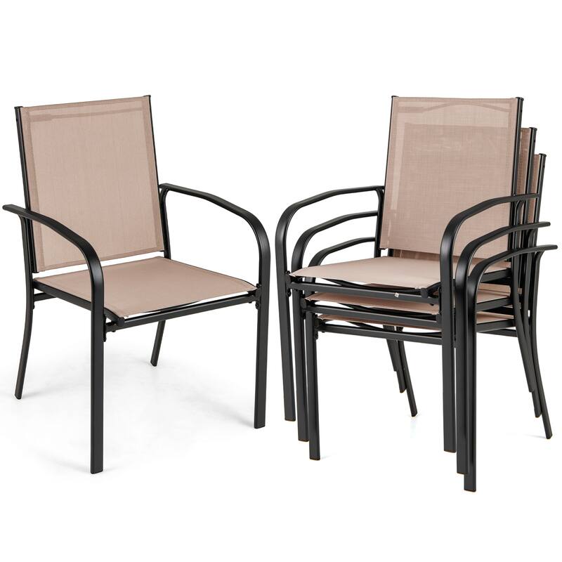 Gymax Outdoor Dining Chairs Set of 4 w/ Breathable Fabric Armrests - Coffee, Black