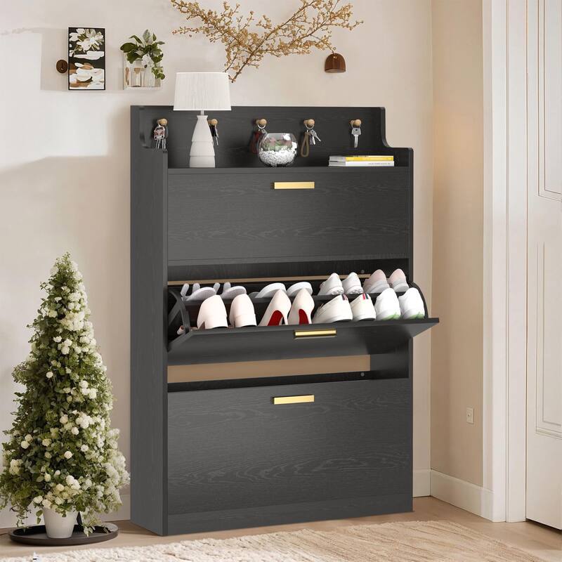 Javlergo Shoe Cabinet with 3 Flip-Up Drawers Freestanding Shoe Organizer with Adjustable Shelf for Entryway Hallway Living Room - Black
