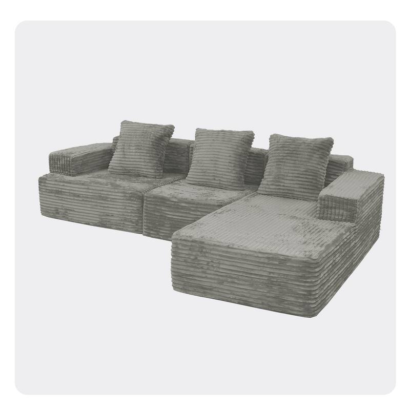 Compression Sectional Sofa with L Shape Chaise, Corduroy Deep Seat Boneless Couches, Modular 3 Seat Corner Sofa